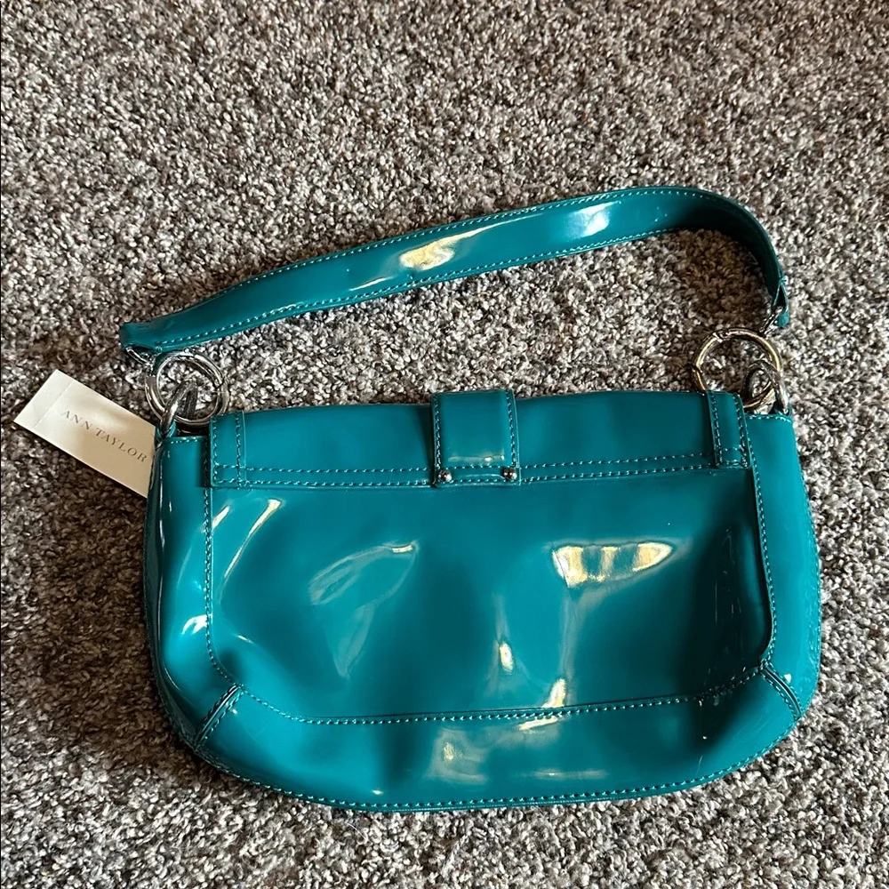 NWT Ann Taylor Y2K Teal Patent Buckled Baguette Bag